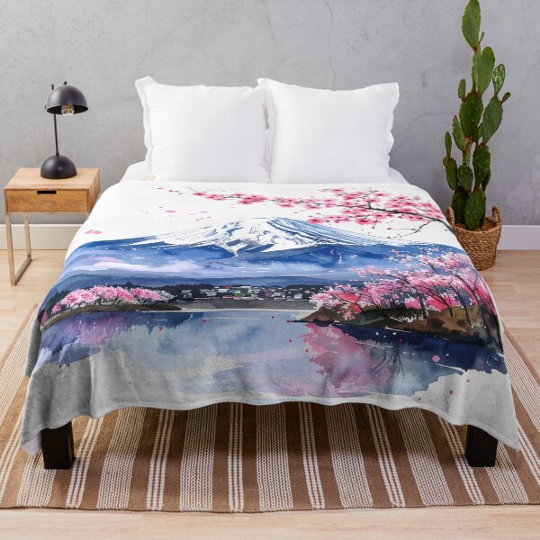 Item preview, Mount Fuji Cherry Blossom Lake Watercolor Painting designed and sold by BetweenForms.