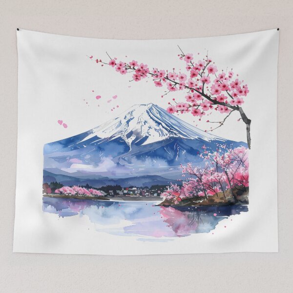 Item preview, Mount Fuji Cherry Blossom Lake Watercolor Painting designed and sold by BetweenForms.