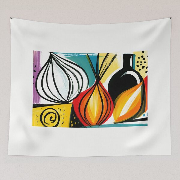Item preview, Abstract Onion Still Life with Colorful Bottle and Bold Contemporary Kitchen Art in Dynamic Geometry designed and sold by OlfactoART Studio.