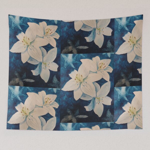 Item preview, White lilies against a blue background painting  designed and sold by esvb.