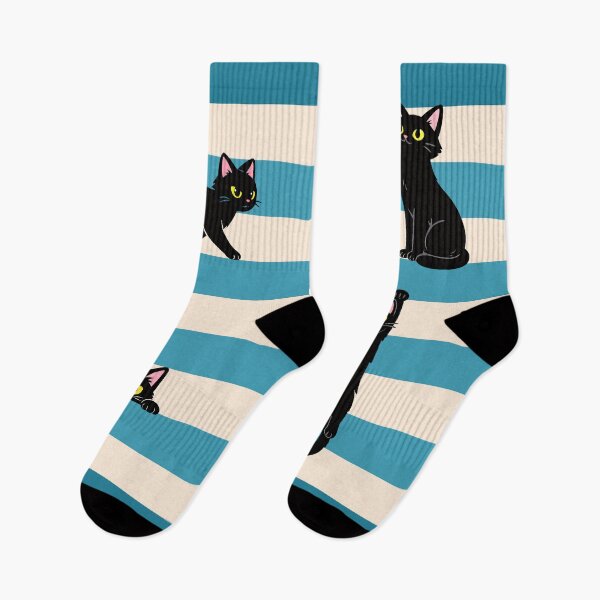 Item preview, Black Cat Socks, Playful Cats on Turquoise Stripes designed and sold by VelvetClawStudio.