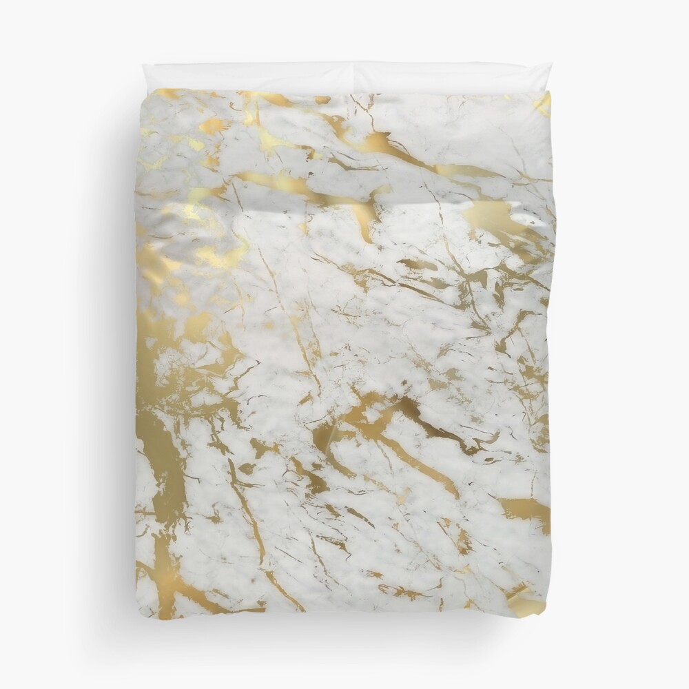 Gold marble on white (original height quality print) Duvet Cover