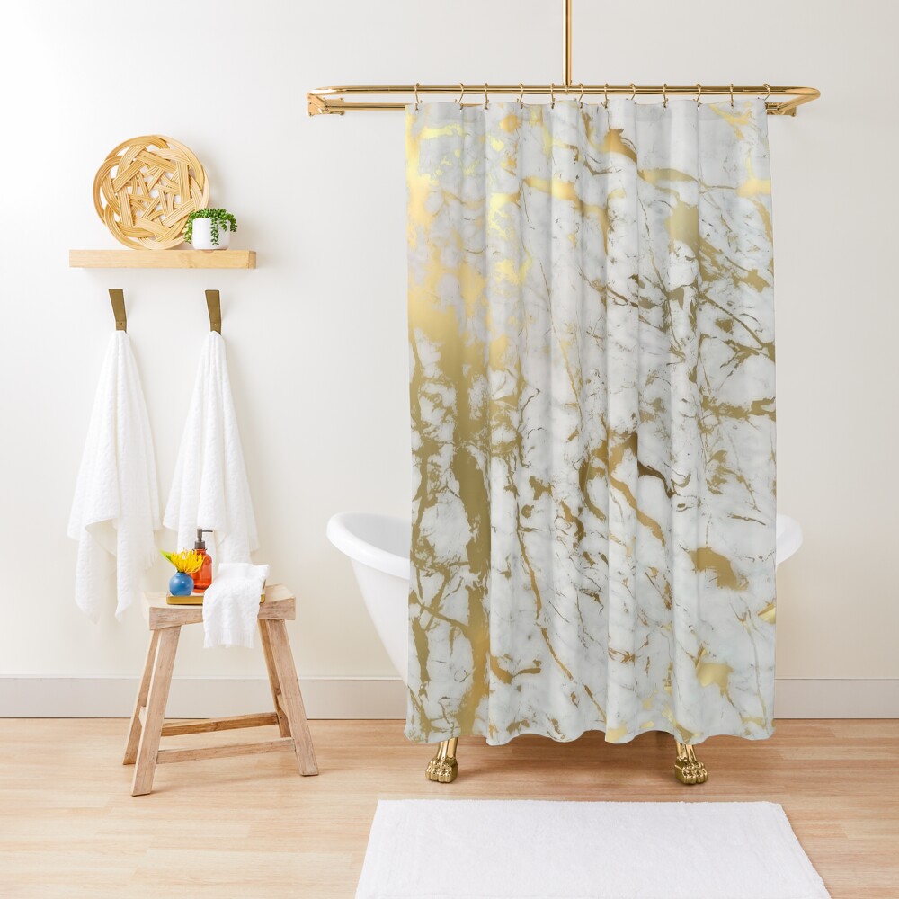 Gold marble on white (original height quality print) Shower Curtain