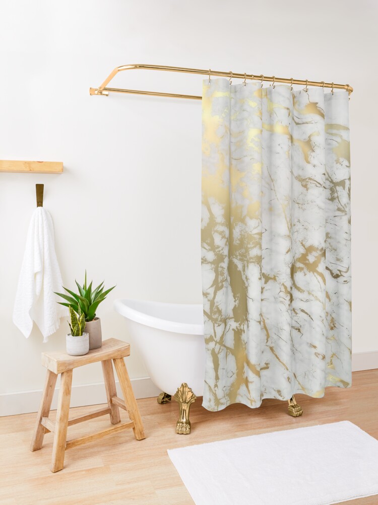 Alternate view of Gold marble on white (original height quality print) Shower Curtain