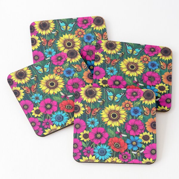 Item preview, Vibrant Neon Wildflower Meadow Pattern with Sunflowers and Butterflies designed and sold by Nexus Space.