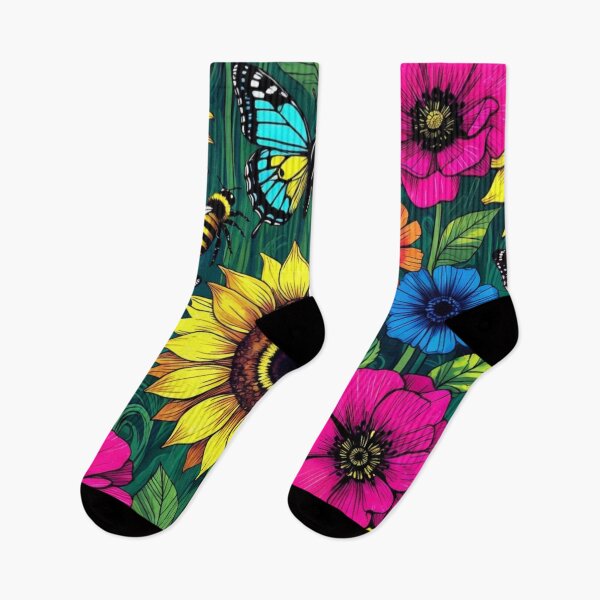 Item preview, Vibrant Neon Wildflower Meadow Pattern with Sunflowers and Butterflies designed and sold by Nexus Space.