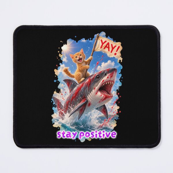 Item preview, Stay Positive – Happy Cat Riding a Shark designed and sold by Pop Pantheon & Trim Team.