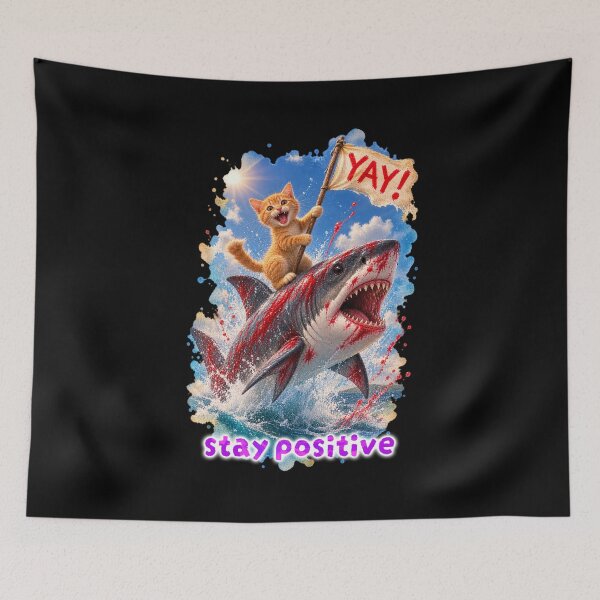 Item preview, Stay Positive – Happy Cat Riding a Shark designed and sold by Pop Pantheon & Trim Team.