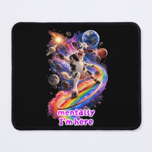 Item preview, Mentally I’m Here – Cosmic Surfing Cow designed and sold by Pop Pantheon & Trim Team.