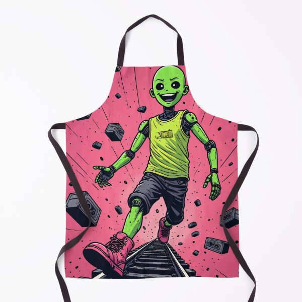 Item preview, Green robot with a broad smile on railway tracks designed and sold by Mianku | Für das Leben.