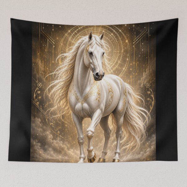 Item preview, Majestic White Horse with Gold Ornaments – Mystical Fantasy Art designed and sold by thirtyonestars.