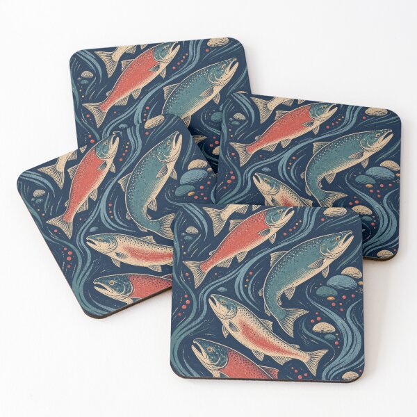 Item preview, Pacific Salmon Upstream River Linocut Pattern designed and sold by WesternCustoms.