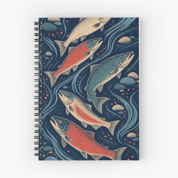 Item preview, Pacific Salmon Upstream River Linocut Pattern designed and sold by WesternCustoms.