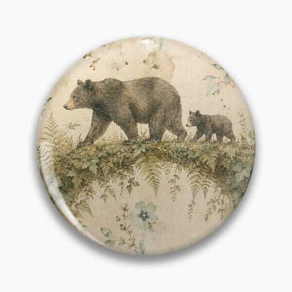 Item preview, Black Bear and Cub Organic Fern Bridge Antique Linen Print designed and sold by RescueHeart10.