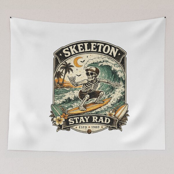 Item preview, Vintage Skeleton Surfer Halloween Stay Rad Surfing Retro 1980s Beach Skull designed and sold by mocci10.