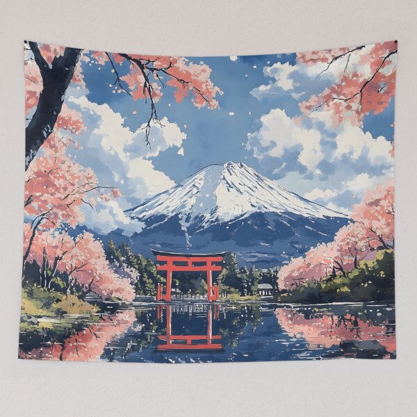 Item preview, Japanese Pagoda Autumn Cliffs Bridge Lake Mountain Tranquility designed and sold by mildaclairmo.