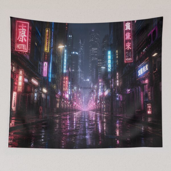 Item preview, Cyberpunk City at Night – Neon Futuristic Street in the Fog Tapestry designed and sold by cozeecore.