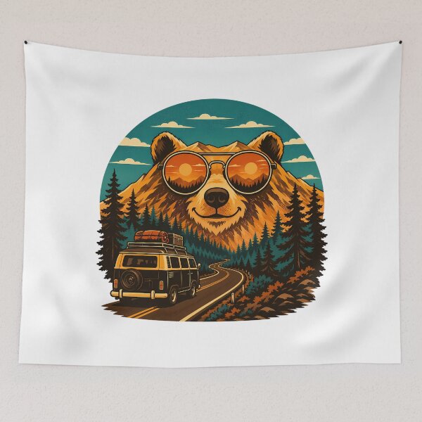 Item preview, Vintage Van Life Bear Camper Sunset Adventure designed and sold by chattsuede.