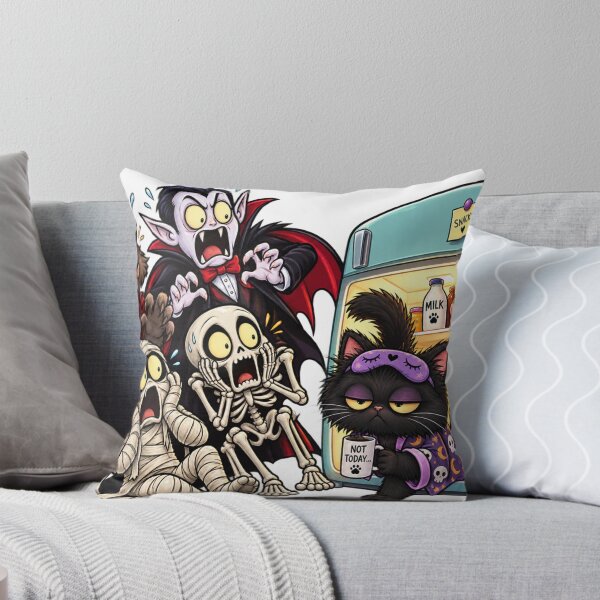 Item preview, Funny Grumpy Black Cat Scares Terrified Halloween Monsters designed and sold by LavIsInTheAir.