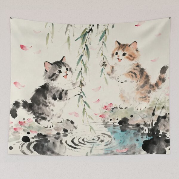 Item preview, Cute Kittens Playing by Pond Chinese Ink Wash Art Print designed and sold by Pioneer Spirit Market.