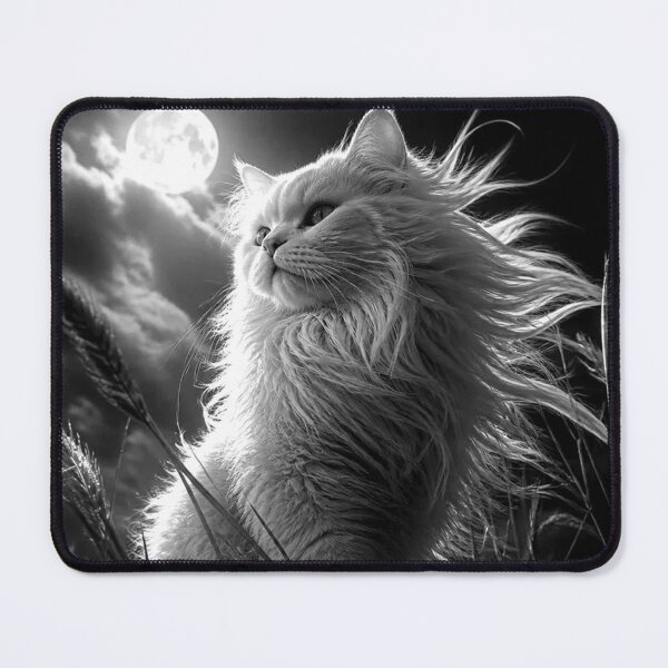 Item preview, Fluffy White Cat Under Full Moon Black and White Night Portrait designed and sold by Pioneer Spirit Market.