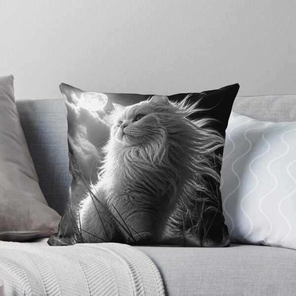 Item preview, Fluffy White Cat Under Full Moon Black and White Night Portrait designed and sold by Pioneer Spirit Market.