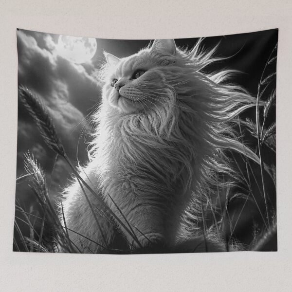 Item preview, Fluffy White Cat Under Full Moon Black and White Night Portrait designed and sold by Pioneer Spirit Market.