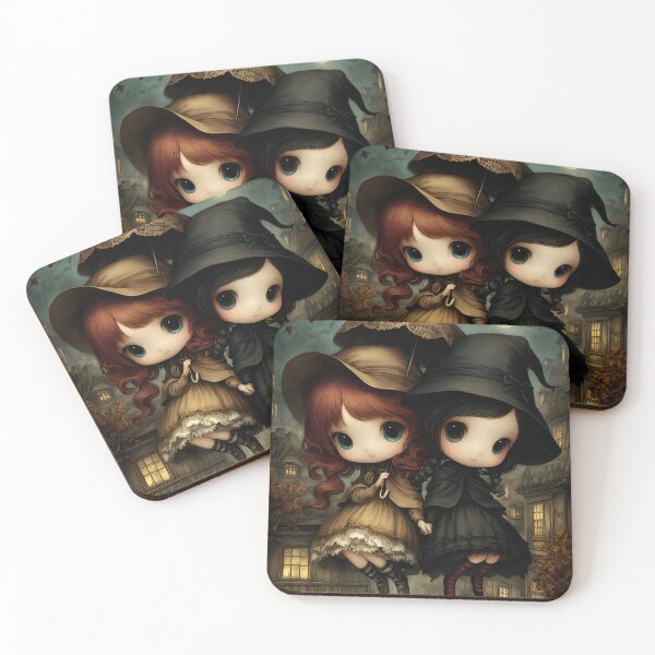 Item preview, Floating Witches with Umbrellas | Gothic Witchy Halloween Art | Magical Sisters designed and sold by InkAndGloom.
