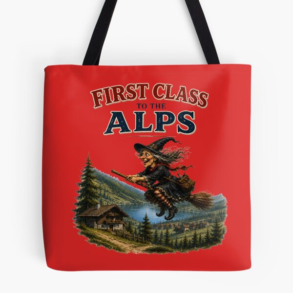 Item preview, First Class to the Alps – Funny Flying Witch Alpine Adventure designed and sold by Alpine-Ink.