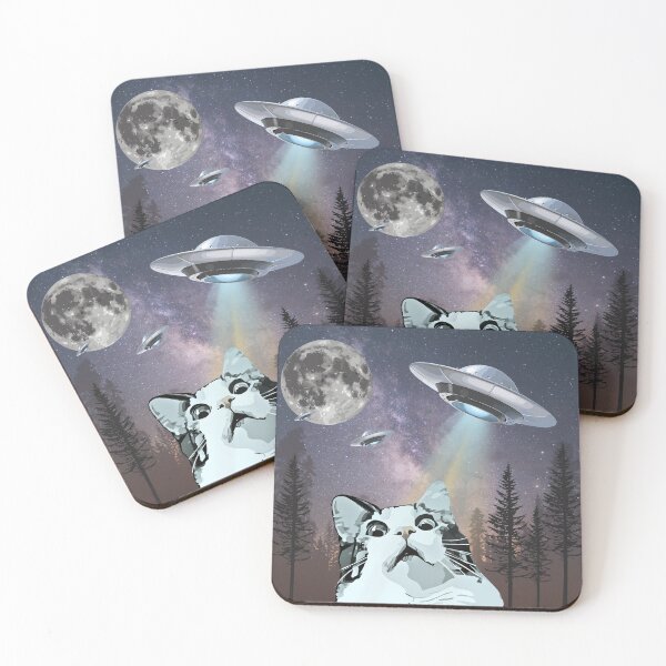 Item preview, Funny Scared Cat Selfie with UFO's forest night sky with moon designed and sold by Taçiana  Estrela.