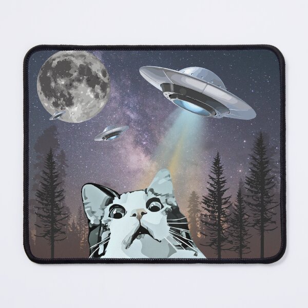 Item preview, Funny Scared Cat Selfie with UFO's forest night sky with moon designed and sold by Taçiana Estrela.