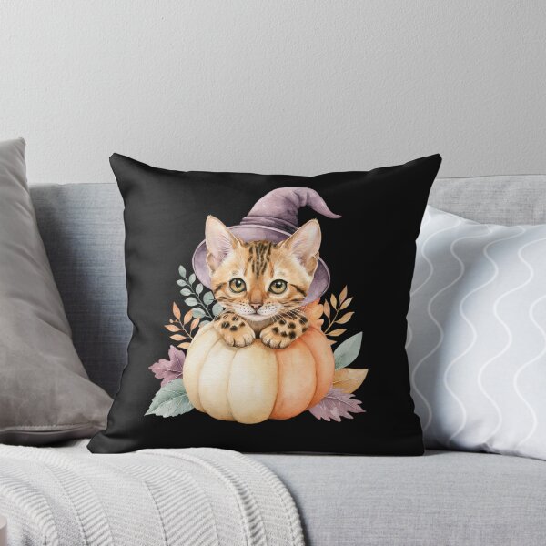Item preview, Cute Bengal Cat in Pumpkin Witch Hat Autumn Watercolor designed and sold by TheAnimalZ00.