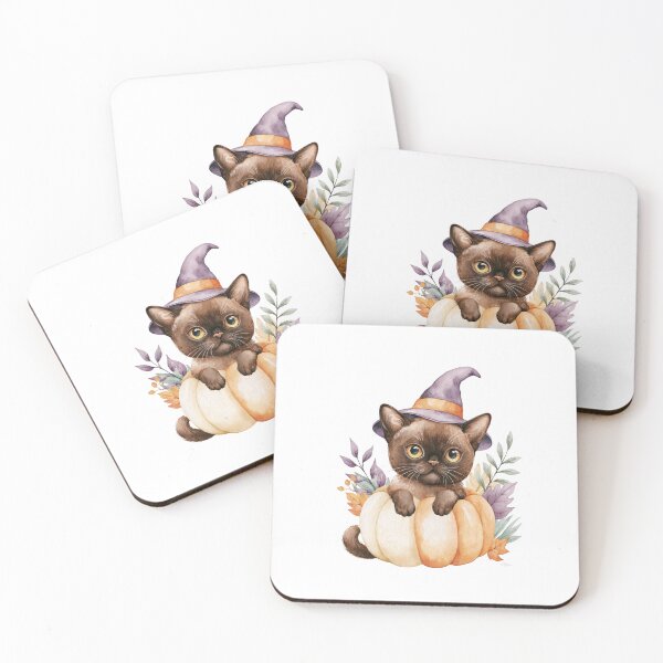 Item preview, Cute Burmese Cat in Pumpkin Witch Hat Autumn Watercolor designed and sold by TheAnimalZ00.