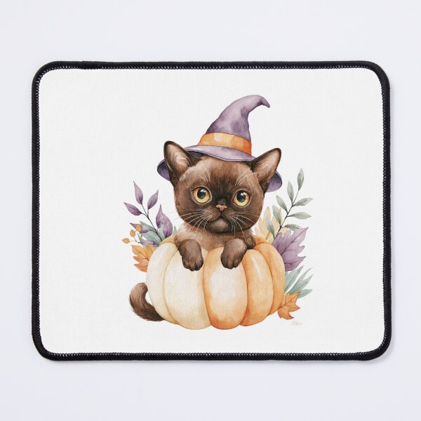 Item preview, Cute Burmese Cat in Pumpkin Witch Hat Autumn Watercolor designed and sold by TheAnimalZ00.