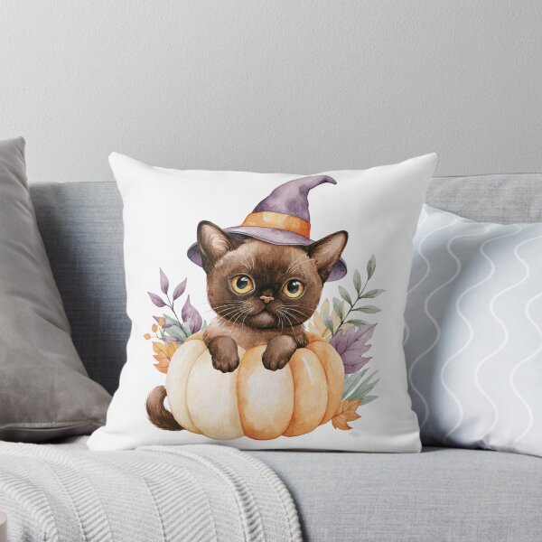 Item preview, Cute Burmese Cat in Pumpkin Witch Hat Autumn Watercolor designed and sold by TheAnimalZ00.