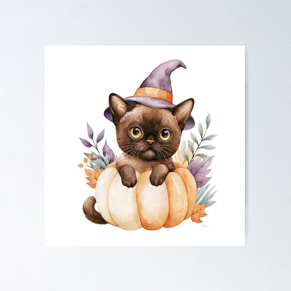 Item preview, Cute Burmese Cat in Pumpkin Witch Hat Autumn Watercolor designed and sold by TheAnimalZ00.