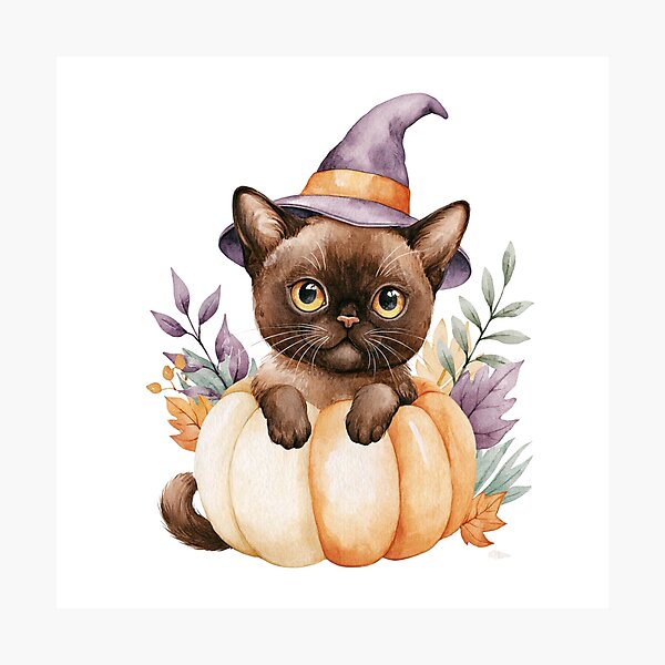 Item preview, Cute Burmese Cat in Pumpkin Witch Hat Autumn Watercolor designed and sold by TheAnimalZ00.