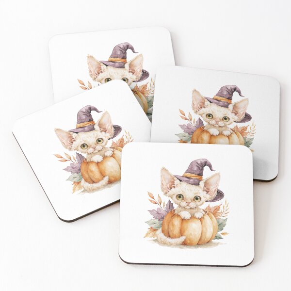 Item preview, Cute Devon Rex Cat in Pumpkin Witch Hat Autumn Watercolor designed and sold by TheAnimalZ00.