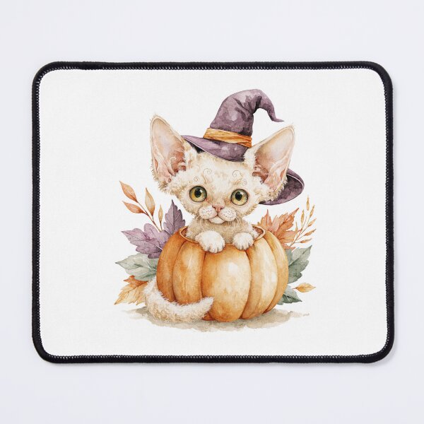 Item preview, Cute Devon Rex Cat in Pumpkin Witch Hat Autumn Watercolor designed and sold by TheAnimalZ00.