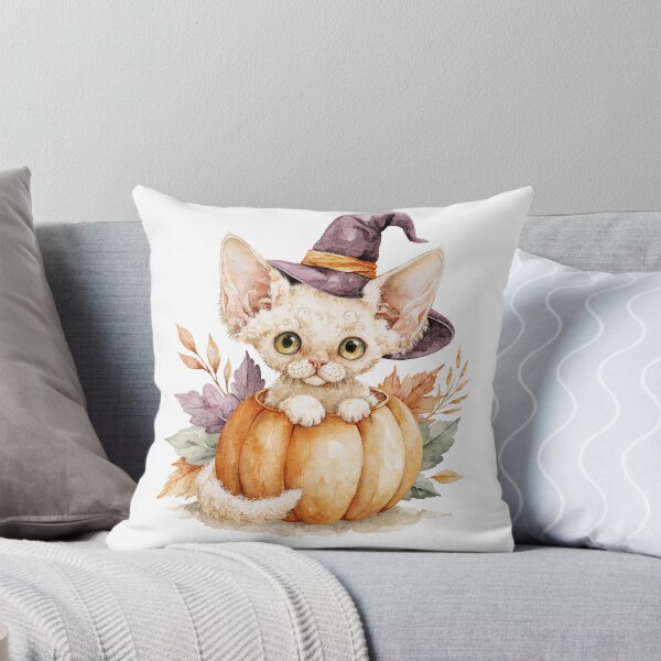 Item preview, Cute Devon Rex Cat in Pumpkin Witch Hat Autumn Watercolor designed and sold by TheAnimalZ00.