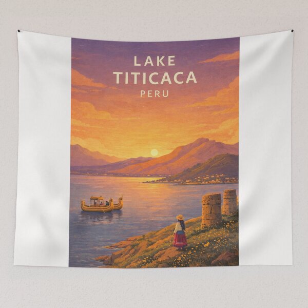 Item preview, Lake Titicaca Peru at Sunset with Andes and Traditional Reed Boat designed and sold by Places On Earth.