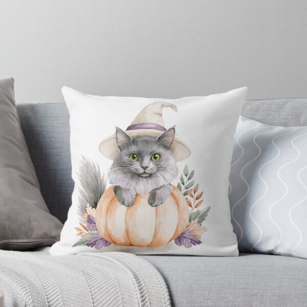 Item preview, Cute Nebelung Cat in Pumpkin Witch Hat Autumn Watercolor designed and sold by TheAnimalZ00.