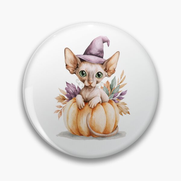 Item preview, Cute Peterbald Cat in Pumpkin Witch Hat Autumn Watercolor designed and sold by TheAnimalZ00.