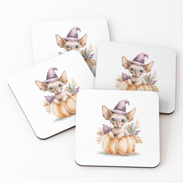 Item preview, Cute Peterbald Cat in Pumpkin Witch Hat Autumn Watercolor designed and sold by TheAnimalZ00.
