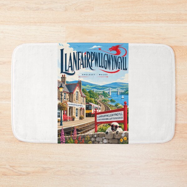 Item preview, Llanfairpwllgwyngyll Anglesey Railway Station Menai Strait and Welsh Dragon designed and sold by Places On Earth.