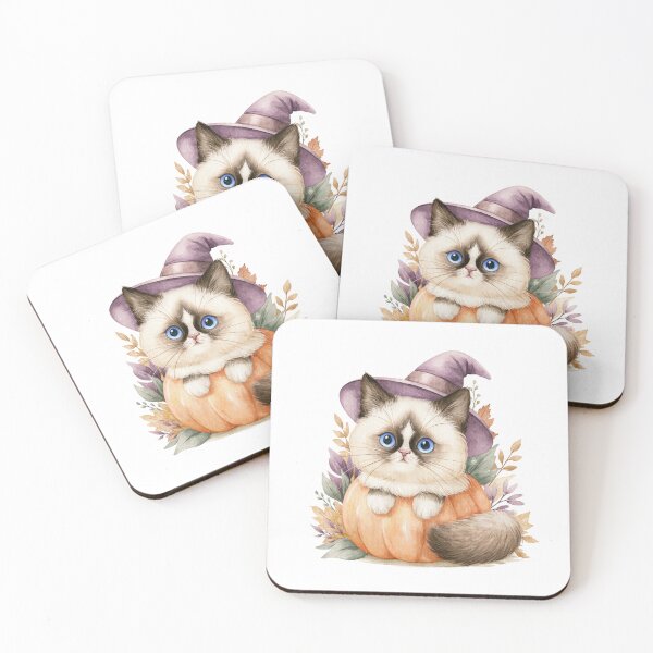Item preview, Cute Snowshoe Cat in Pumpkin Witch Hat Autumn Watercolor designed and sold by TheAnimalZ00.