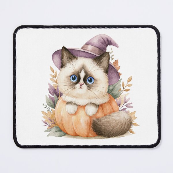 Item preview, Cute Snowshoe Cat in Pumpkin Witch Hat Autumn Watercolor designed and sold by TheAnimalZ00.