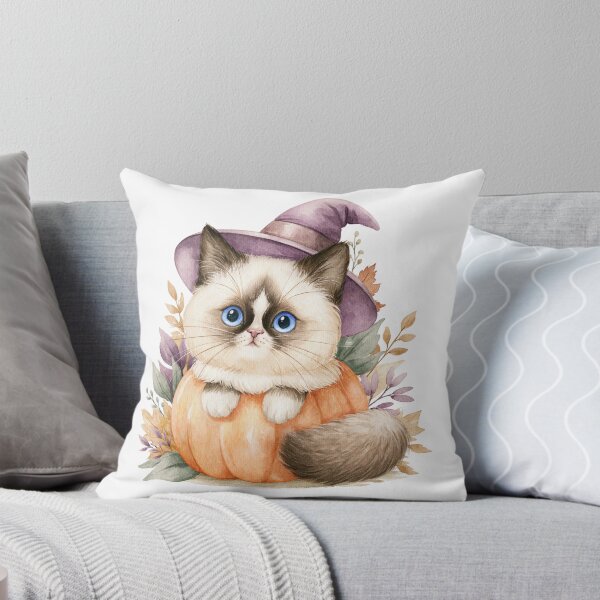 Item preview, Cute Snowshoe Cat in Pumpkin Witch Hat Autumn Watercolor designed and sold by TheAnimalZ00.