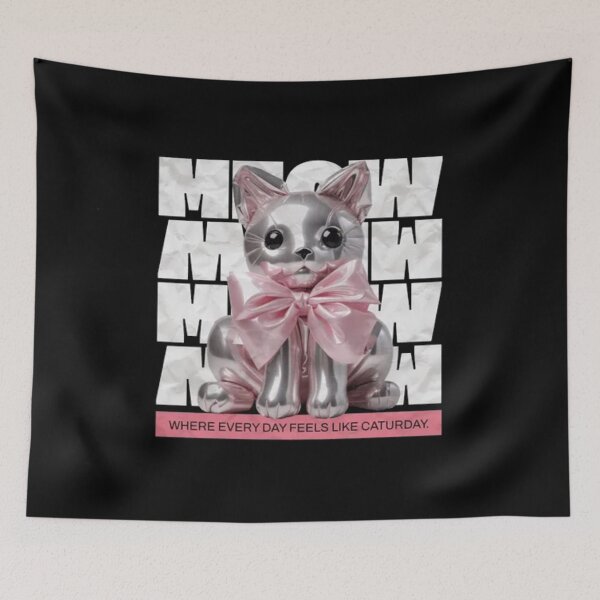 Item preview, Metallic Silver Cat Pink Bow - Y2K Metallic Meow Caturday Art designed and sold by GenZFashion000.