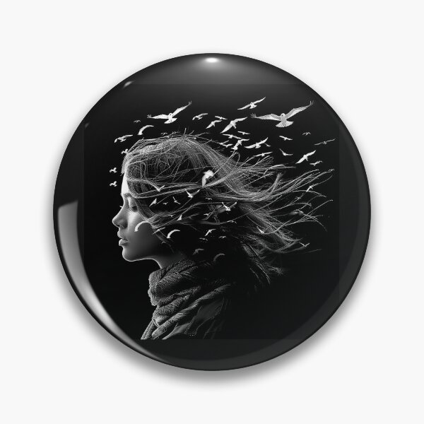 Item preview, Woman with Birds in the Wind – Black and White Surreal Portrait Art designed and sold by inkoutninja.